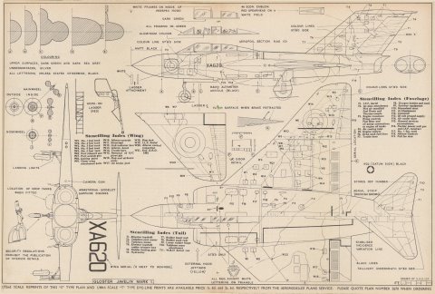 Gloster Javelin - 1/72 drawing by G.A.G. Cox, Аэромоделлер, 1957 январь, с тех. надписями